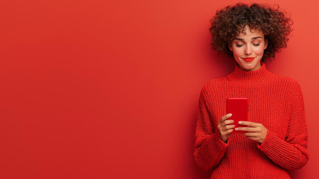 Kobieta w czerwonym swetrze przeglądająca smartfon